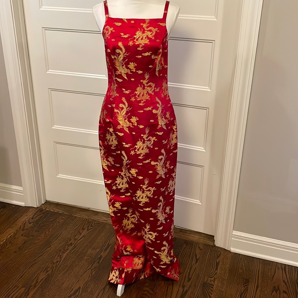 Red China Silk Custom Gown with traditional Gold Dragons